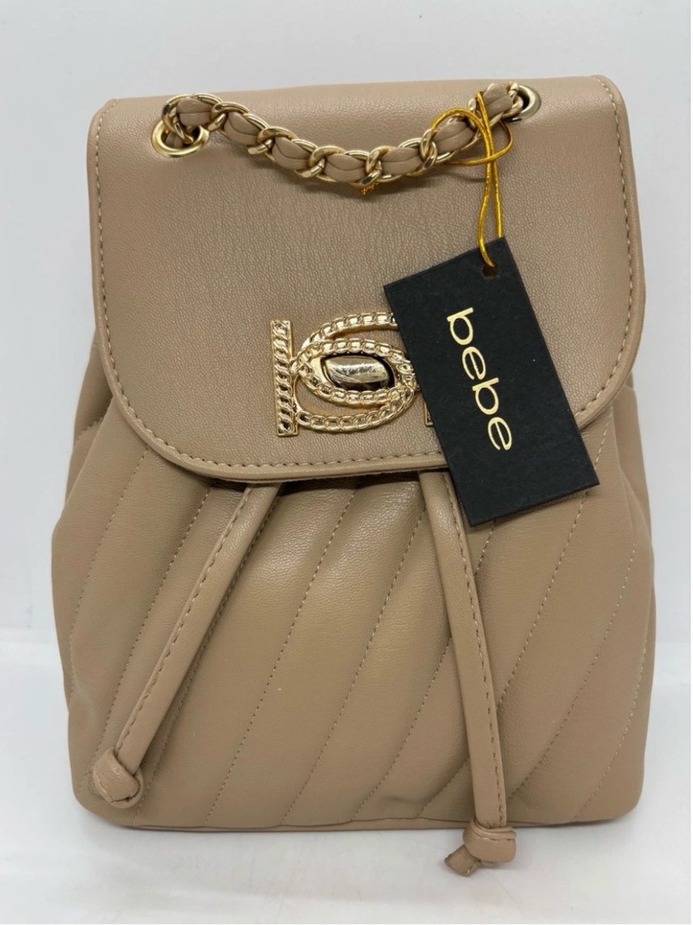 bebe Hera, Biege Quilted Mini Backpack with Gold Chain, NWT